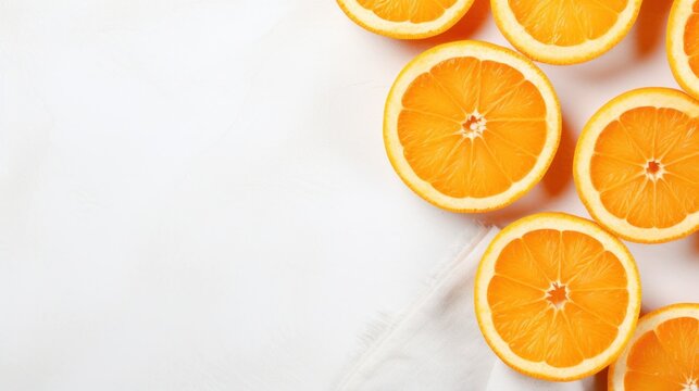 top view of slices of oranges on white background.