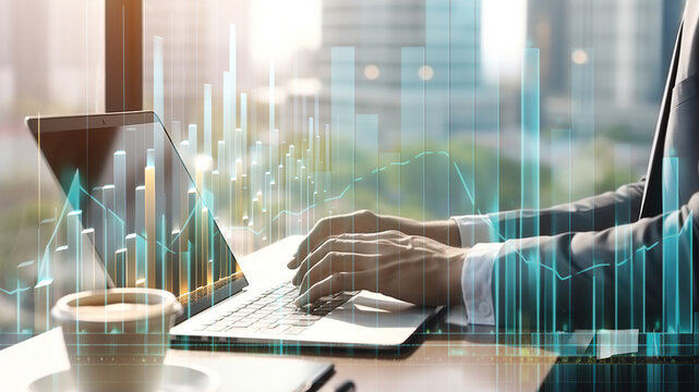 businessman working with laptop computer and bar chart and financial graph double exposure background. business success concept 