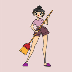 Gorgeous lady with a broom. Vector illustration.