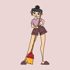 Stunning woman using a broom. Vector illustration. 