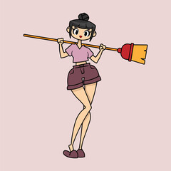 beautiful woman with a sweeping instrument. Vector illustration. 