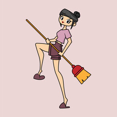 Attractive lady holding a broom. Vector illustration