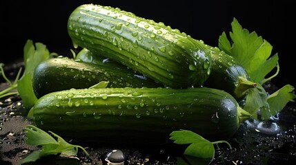 Front view of fresh green cucumber splashed with water on black and blurred background