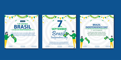 Naklejka premium brazil independence day 7 september celebration vector template banner, social media post, flyer or greeting card with yellow green theme and flag. vector illustration