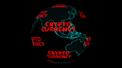 global south east asia map cryptocurrency digital red text rotating on blaack isolated