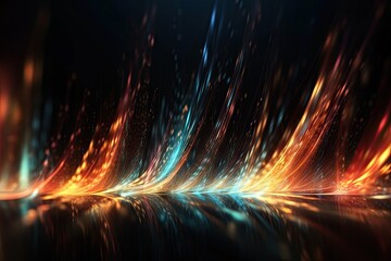 Futuristic flow. Dynamic light and motion. Abstract energy. Neon waves of technology. Digital elegance. Glowing waves on black