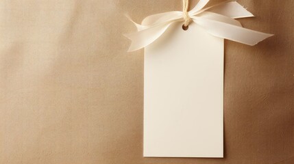 Front view of white blank tag with a rope for mockup on cream color background