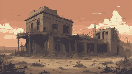 background image depicting a post-apocalyptic wasteland, with crumbling buildings, overgrown vegetation, and hints of a once thriving civilization. Vector illustration