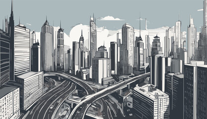 vector background image that represents the essence of a bustling cityscape, with towering skyscrapers, intricate road networks, and a dynamic mix of urban elements. Vector illustration