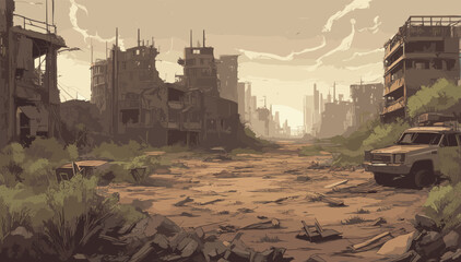 background image depicting a post-apocalyptic wasteland, with crumbling buildings, overgrown vegetation, and hints of a once thriving civilization. Vector illustration