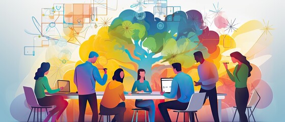 colorful creative agency business brain storm meeting people with icon line presentation young people team discussing roadmap, Generative ai