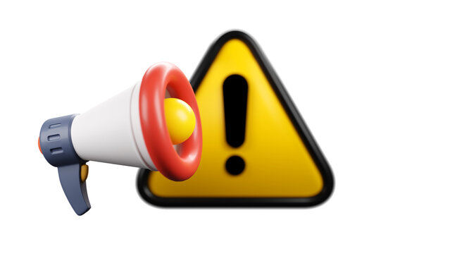 3D rendering of megaphone with exclamation sign background for announce problem, fail notice, attention, warning, information, communication beware concept