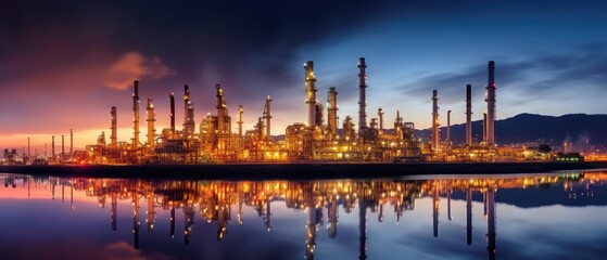 Obraz premium oil refinery field at night, the petrochemical industry, Generative AI
