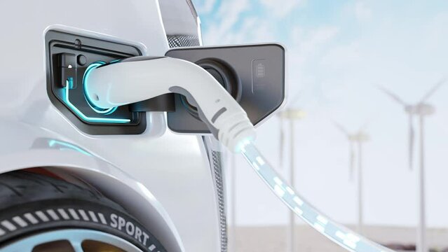 Electric vehicle charging port plugging in EV car. Parking with electric cars In the background is turbine that generates electricity. Green energy and technology concept. Animation, 3D Render.