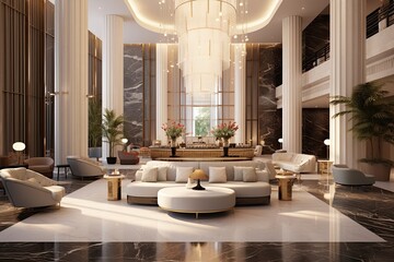 Sophisticated hotel reception hall with marble accents, inviting lounge. Concept of premium accommodation.