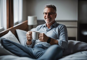 Middle aged man awakening with a cup of fragrant coffee in bed