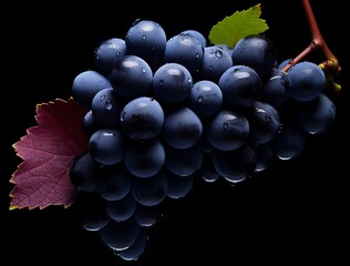 Bunch of black grapes with water drops isolated on black background.