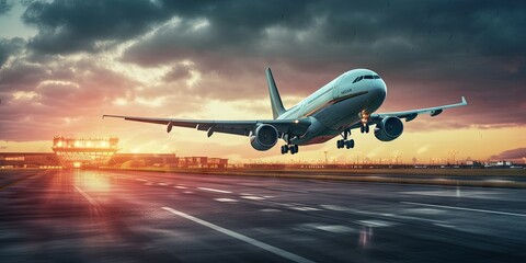 Fototapeta na wymiar Skybound ventures. Modern aviation and travel. Sunset soar. Air travel majestic departure. Wings of adventure. Aviation journey to skies. Business awaits. Aircraft on runway