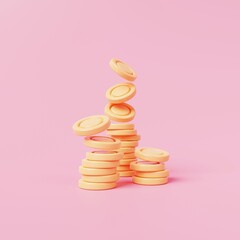 Stack of 3D gold coins on a pink background. 3d render illustration