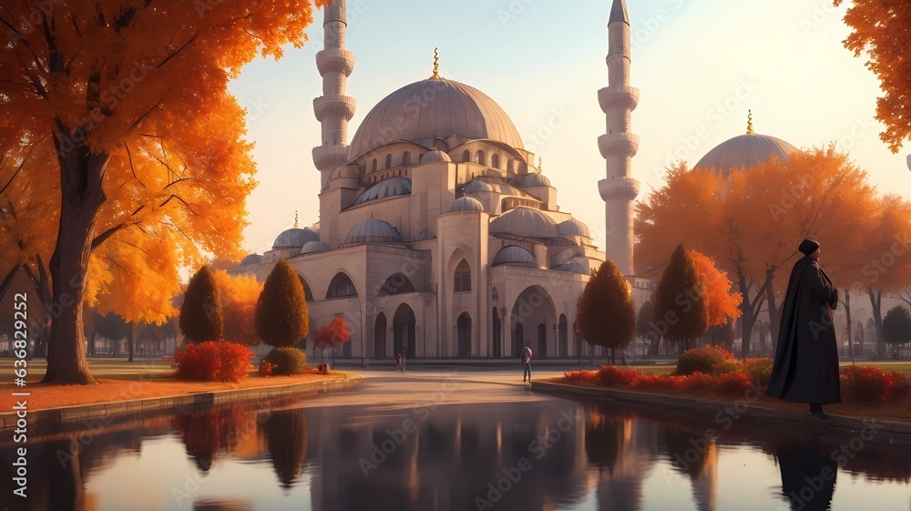 Sticker beautiful mosque at autumn panorama, generative ai art