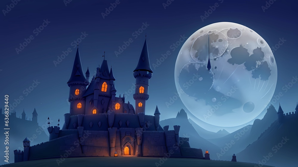 Wall mural illustration of horror castle at night, Halloween concept, generative Ai art