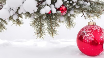 Fototapeta na wymiar snowy red ball at Christmas tree decoration, generative Ai art