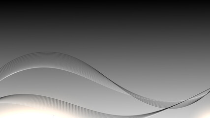Abstract black and white wave form lines elements with glowing light effect on background.