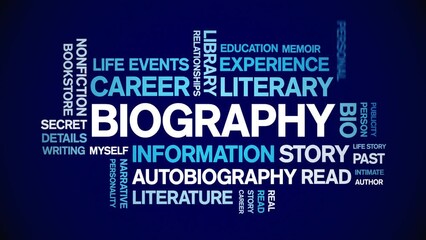 Biography animated tag word cloud;text design animation kinetic typography seamless loop.