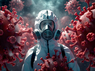 a doctor wear Powered Air Purifying Respirator suit for preventive virus, PAPR suit, red virus