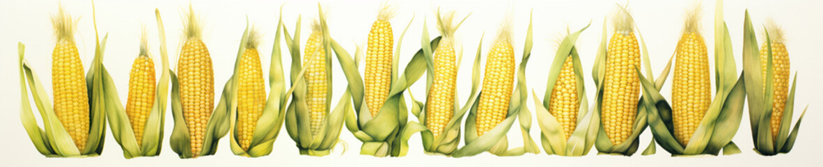 A Minimal Watercolor Banner of a Row of Corn on a White Background