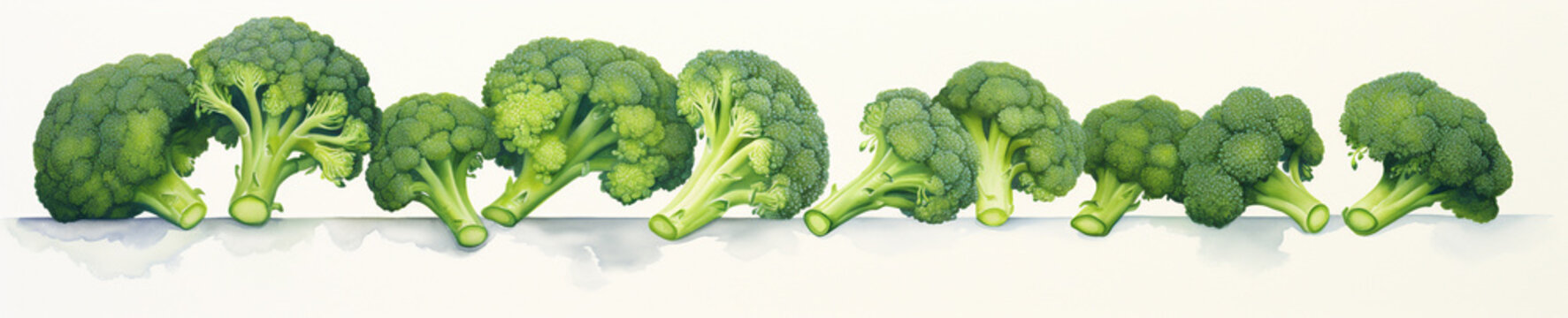 A Minimal Watercolor Banner of a Row of Broccoli on a White Background