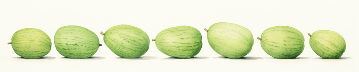 A Minimal Watercolor Banner of a Row of Honeydew Melons on a White Background