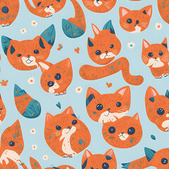 tileable pattern of cute funny baby cat kitten and fish combination creature in flat color style