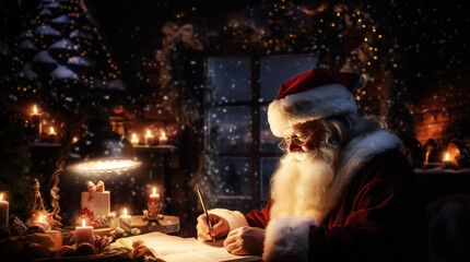  Santa Claus writing his list amidst festive holiday decorations, bathed in warm, cozy lighting.