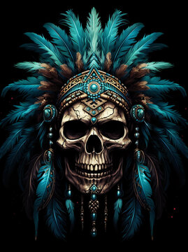 illustration of a skull adorned with an intricate Indian headdress