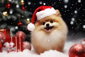 Fototapeta na wymiar Pomeranian puppy dons a festive Christmas hat, posing beside a beautifully decorated Christmas tree.