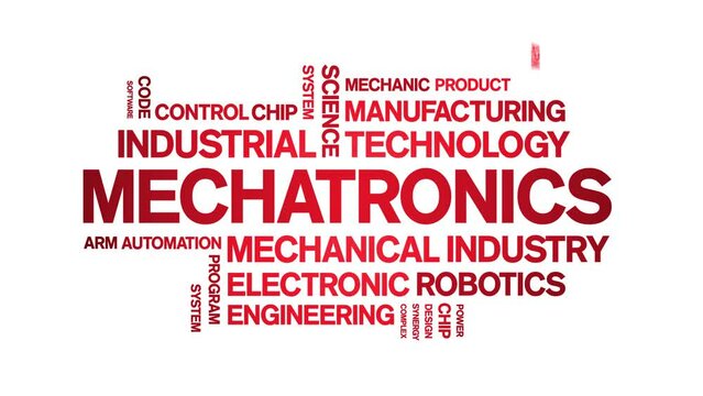 Mechatronics animated tag word cloud;text design animation kinetic typography seamless loop.