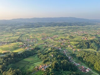 View of forests, fields, villages and Zagorje hills, during a panoramic balloon flight over Croatian Zagorje - Croatia (Panoramski let balonom iznad Hrvatskog zagorja - Hrvatska)