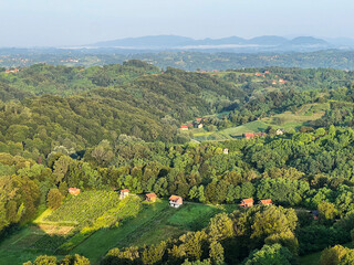 View of forests, fields, villages and Zagorje hills, during a panoramic balloon flight over Croatian Zagorje - Croatia (Panoramski let balonom iznad Hrvatskog zagorja - Hrvatska)