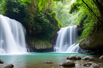 a large waterfall in the middle of a lush green forest