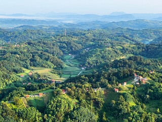 View of forests, fields, villages and Zagorje hills, during a panoramic balloon flight over Croatian Zagorje - Croatia (Panoramski let balonom iznad Hrvatskog zagorja - Hrvatska)