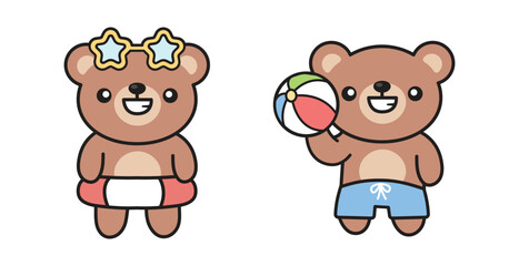 Cute Kawaii Bear Summer with Volley Beach Ball and Lifebuoy