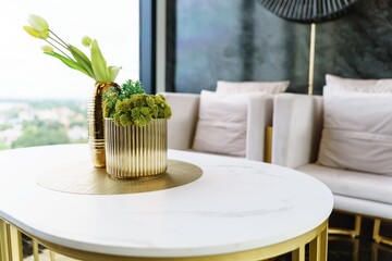 Home interior with decor wooden table and plants decoration interior design of living room