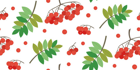 Seamless pattern with rowan berry and leaves. Decorative season background.