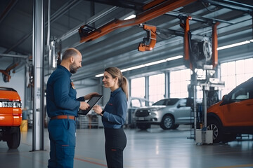 Female Mechanic Checks Diagnostics Results on a Tablet Computer and Explains a Vehicle Breakdown to a Manager. Car Service Employees Talk while Walking in a Garage. Modern Clean Workshop