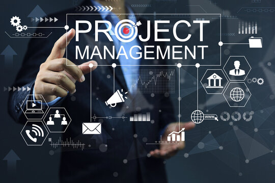 Project management concept manager working dealing contact with internal and external department search new idea development. Including budget control of available resources for maximum efficiency.
