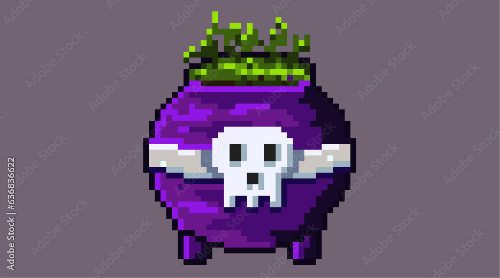 Poster pixelated art of couldron with skull logo in front and contains poison, simple pixel art couldron fo