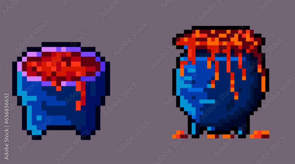 Poster pixelated art of set couldron with lava, simple pixel art couldron for halloween theme. 8bits charac