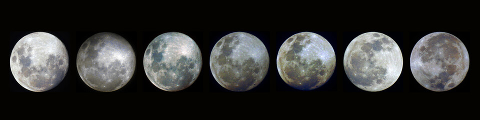 Series of 7 Full Moons on 2023. From left to right : Full moon of January, February, March, April, May, June and July 2023. Captured with camera at Banjarbaru, Indonesia and processed for cropping