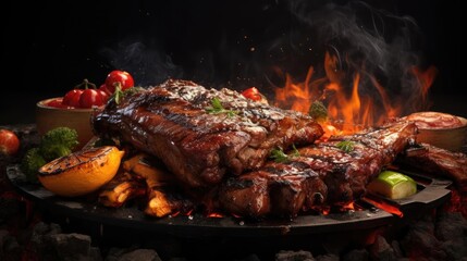 Realistic grilled barbeque with melted barbeque sauce and cut vegetables, blur background